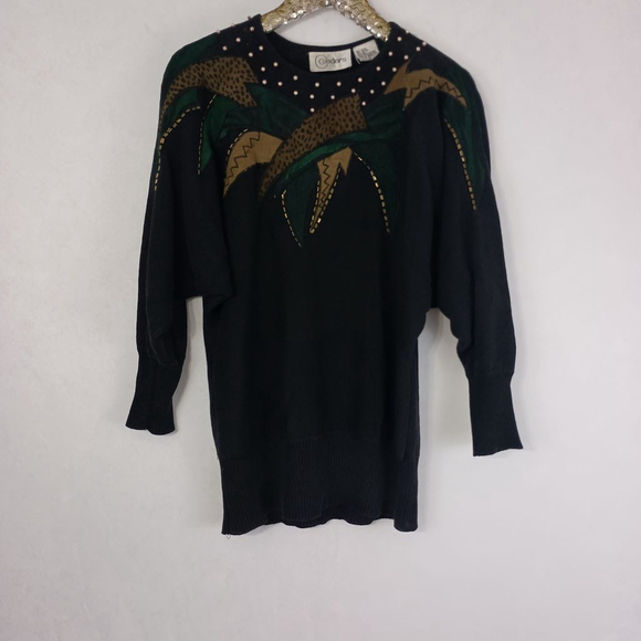 Vintage 80s Cedars Women's Black Animal Print Sweater size Medium Slouchy - Picture 10 of 11